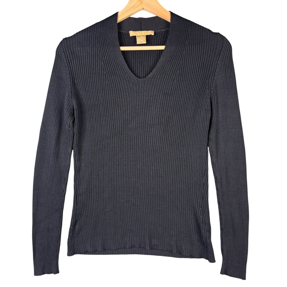 Studio 121 Black 100% Silk Ribbed V-Neck Long Sleeve Sweater Small